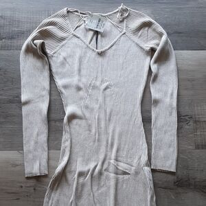 Elegant Cream Ribbed Knit Dress